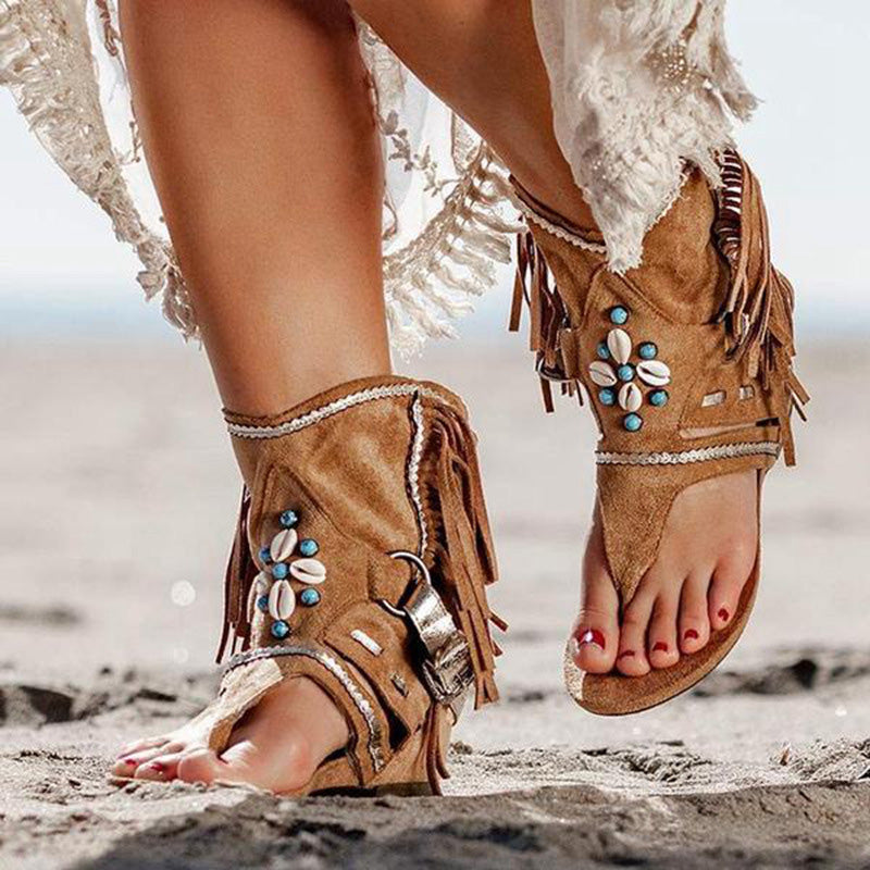 Sandalias de Playa Retro con Borlas Estilo Romano