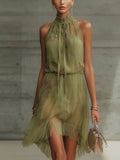Ondina | Vestido Mini de Chiffon Verde Floral que Realza la Silueta