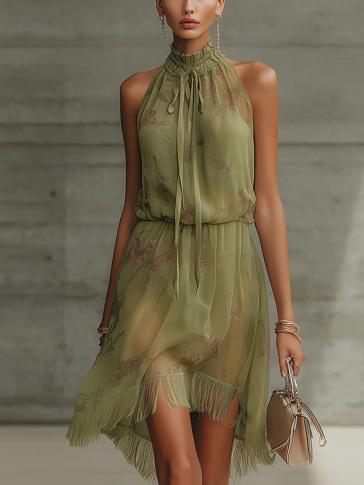 Ondina | Robe courte en mousseline vert fleuri qui met en valeur la silhouette