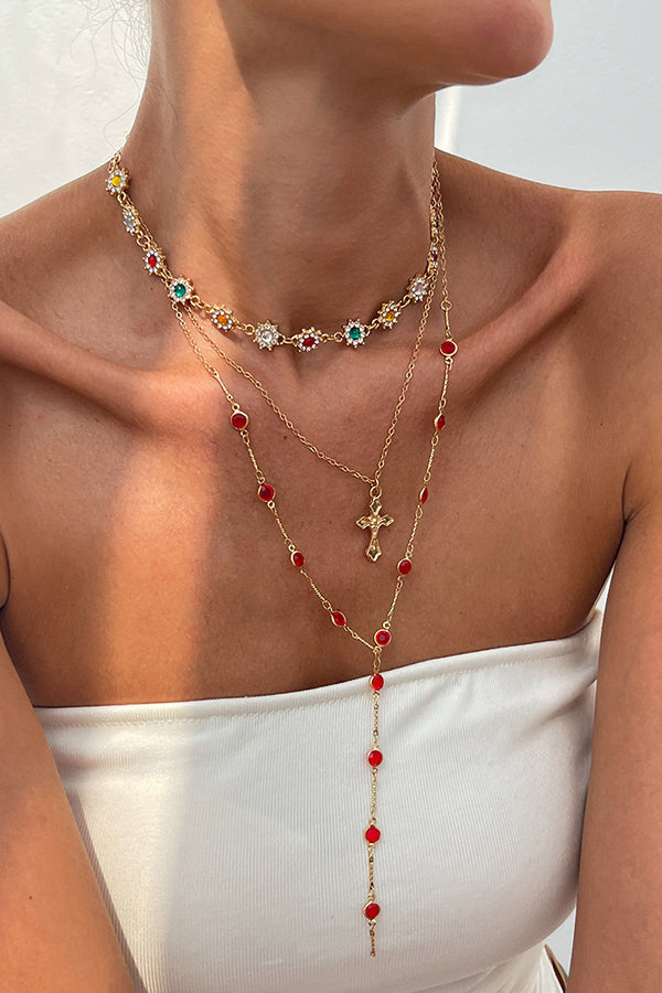 Collar de Varias Capas con Cadena de Cruz y Diamantes