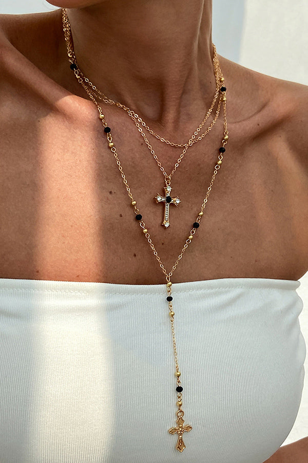 Collar de Varias Capas con Cadena de Cruz y Diamantes