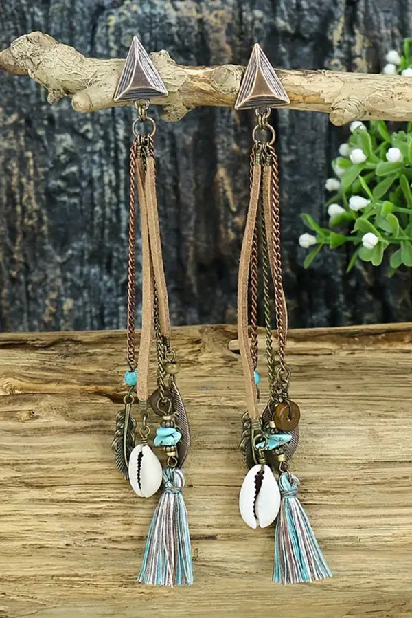 Pendientes Retro de Hoja y Concha con Borla Larga