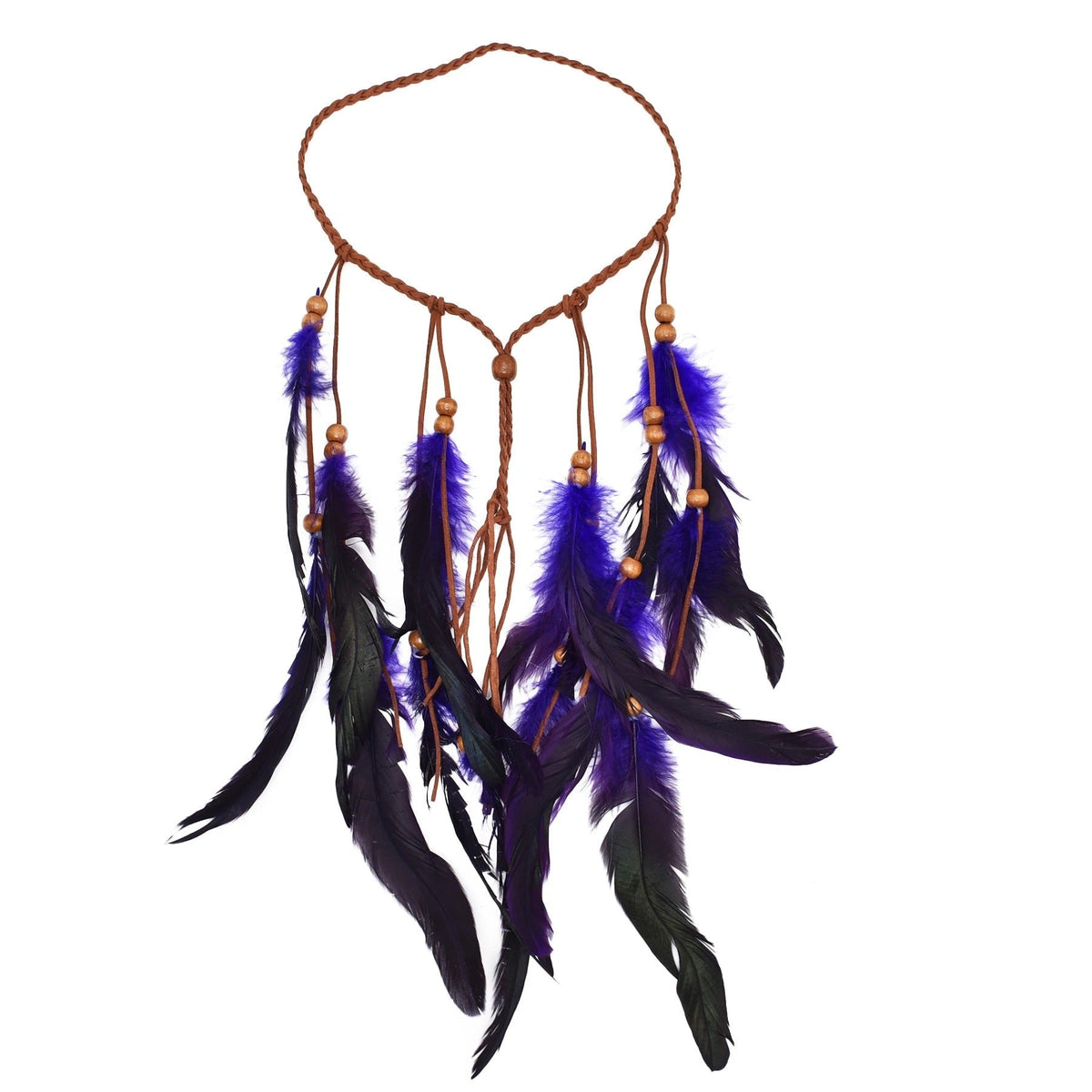Diadema Bohemia de Cuerda Tejida a Mano con Cuentas de Madera y Plumas