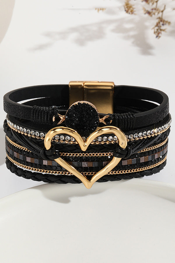 Pulsera Bohemia de Cordón de Piel con Piedra Bruta en Forma de Corazón
