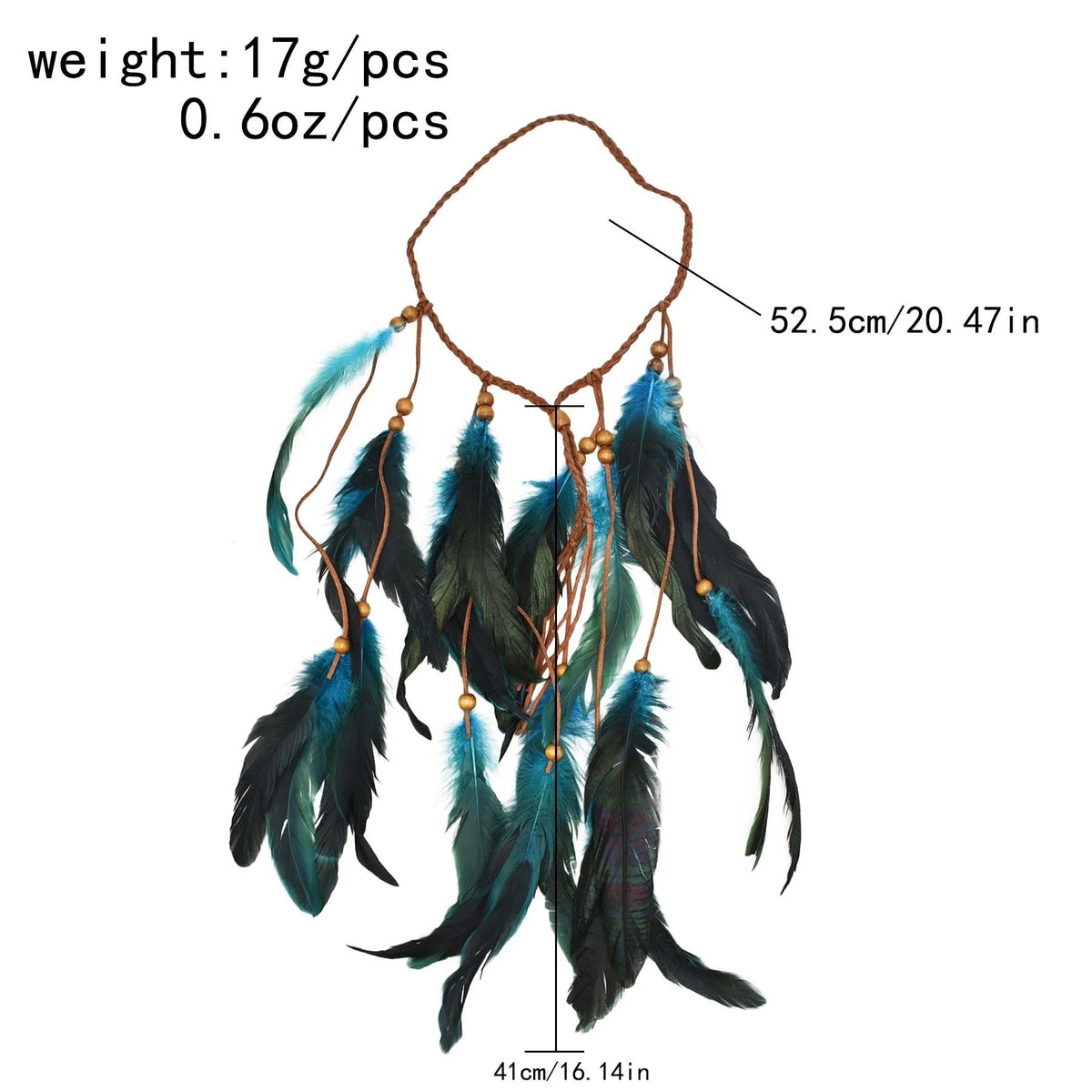 Diadema Bohemia de Cuerda Tejida a Mano con Cuentas de Madera y Plumas
