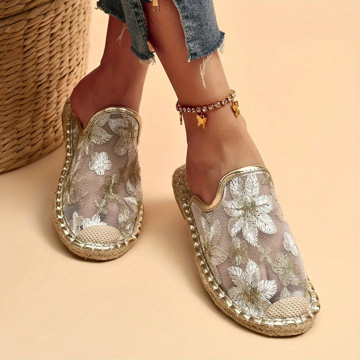Medias Zapatillas Planas Tejidas de Lino de Puntera Redonda