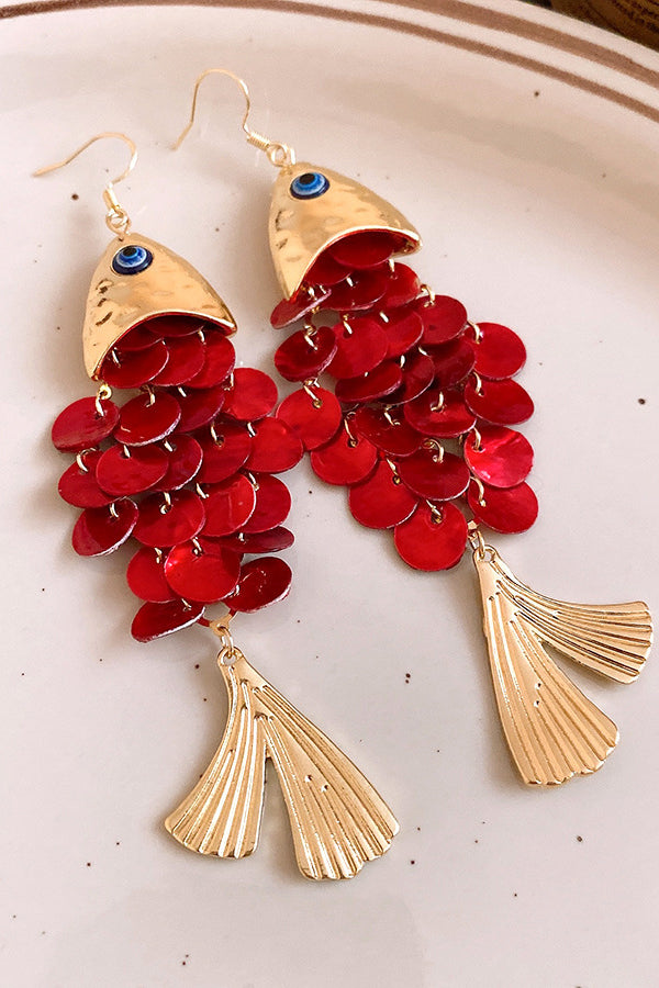 Pendientes de Gancho con Concha en Forma de Pez y Borlas