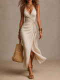 BLANCO | Vestido midi de lino natural con escote cruzado - OSMARA Fashion