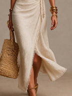 BLANCO | Vestido midi de lino natural con escote cruzado - OSMARA Fashion - vista 4