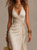 BLANCO | Vestido midi de lino natural con escote cruzado - OSMARA Fashion - vista 5