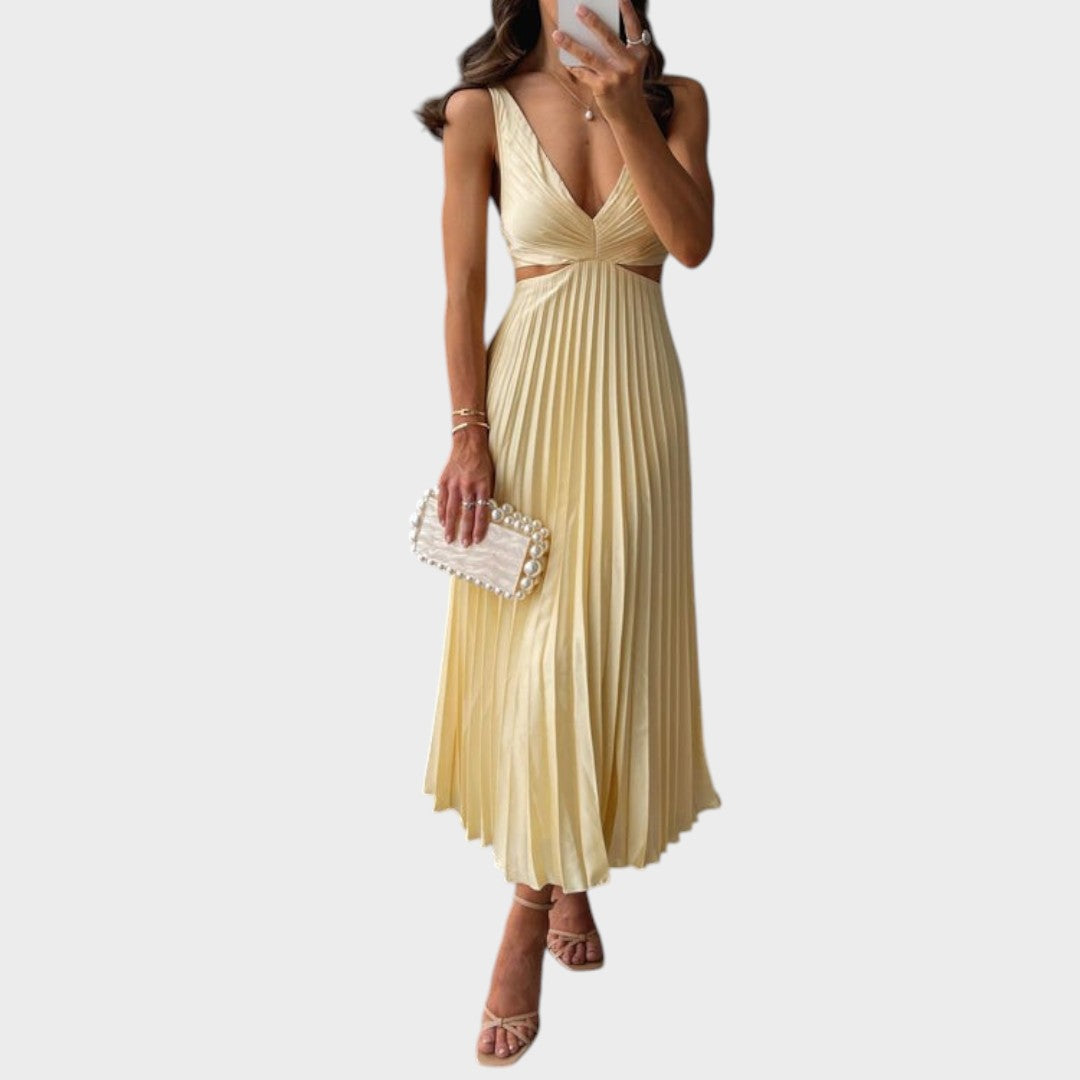 Noa | Pleated V-Neck Long Yellow Dress