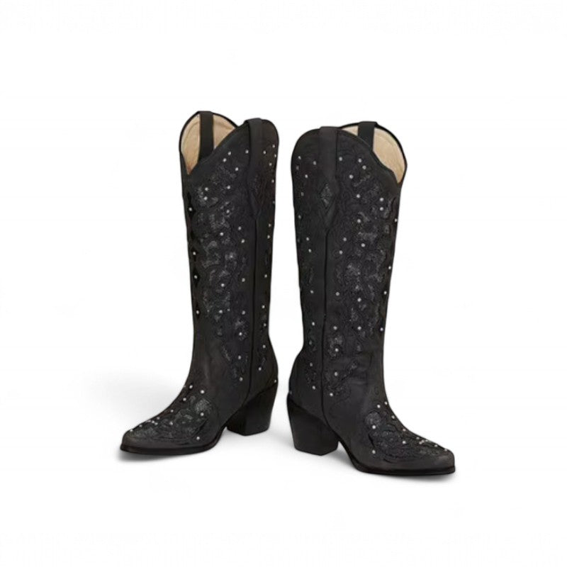 Gaby - Bota Campera Cowboy Retro con Cristales Brillantes para Mujer