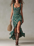 Vestido Largo Boho Retro con Mangas de Volantes y Abertura Alta - OSMARA Fashion
