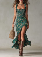 Vestido Largo Boho Retro con Mangas de Volantes y Abertura Alta - OSMARA Fashion