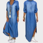 Lea | Vestido Largo Efecto Denim Con Abertura Lateral