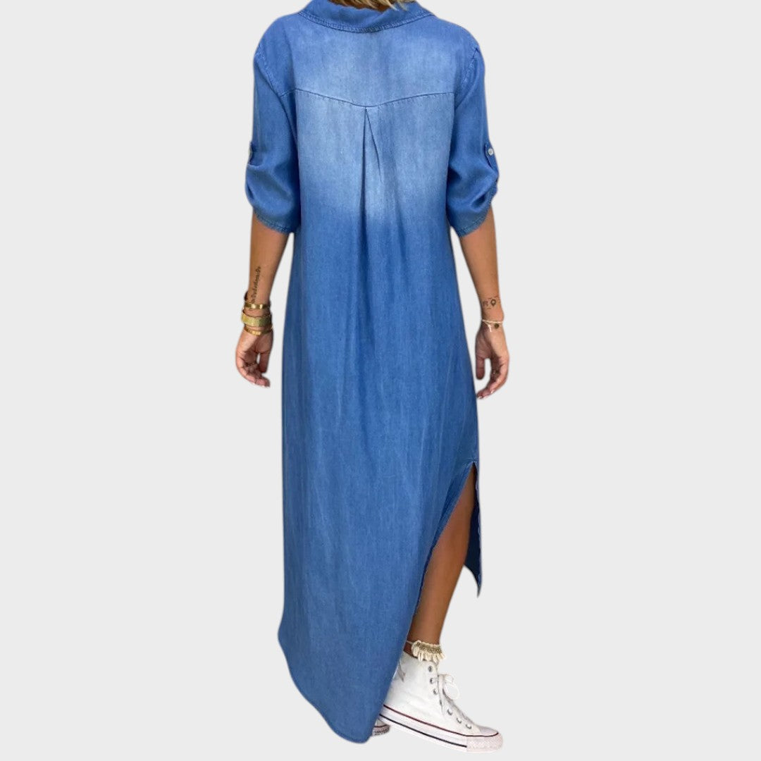 Lea | Vestido Largo Efecto Denim Con Abertura Lateral