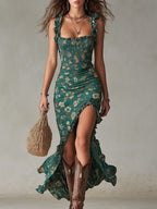 Vestido Largo Boho Retro con Mangas de Volantes y Abertura Alta - OSMARA Fashion - vista 13