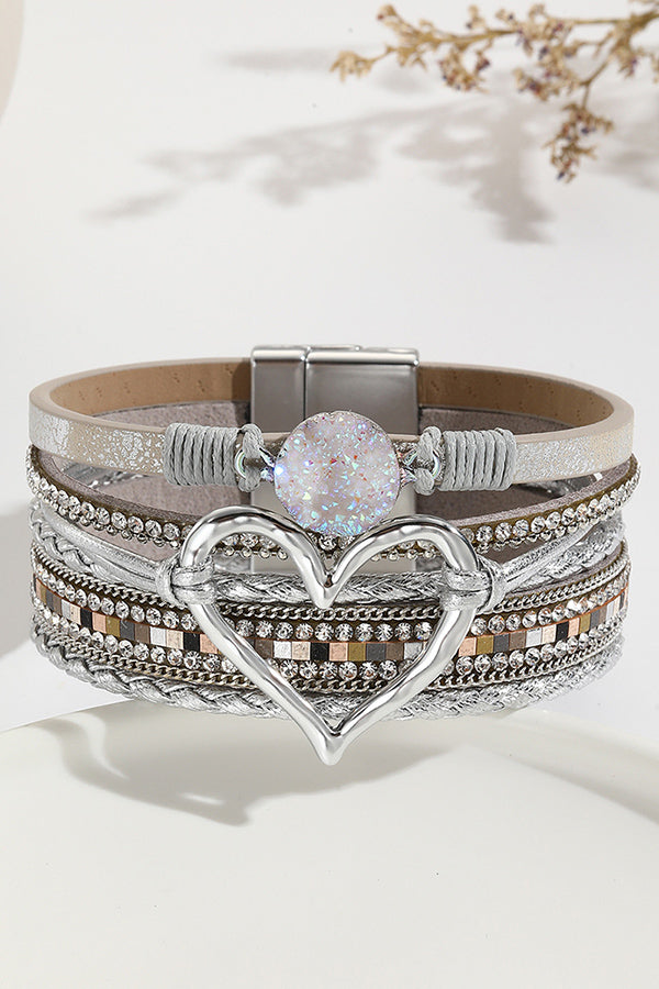 Pulsera Bohemia de Cordón de Piel con Piedra Bruta en Forma de Corazón