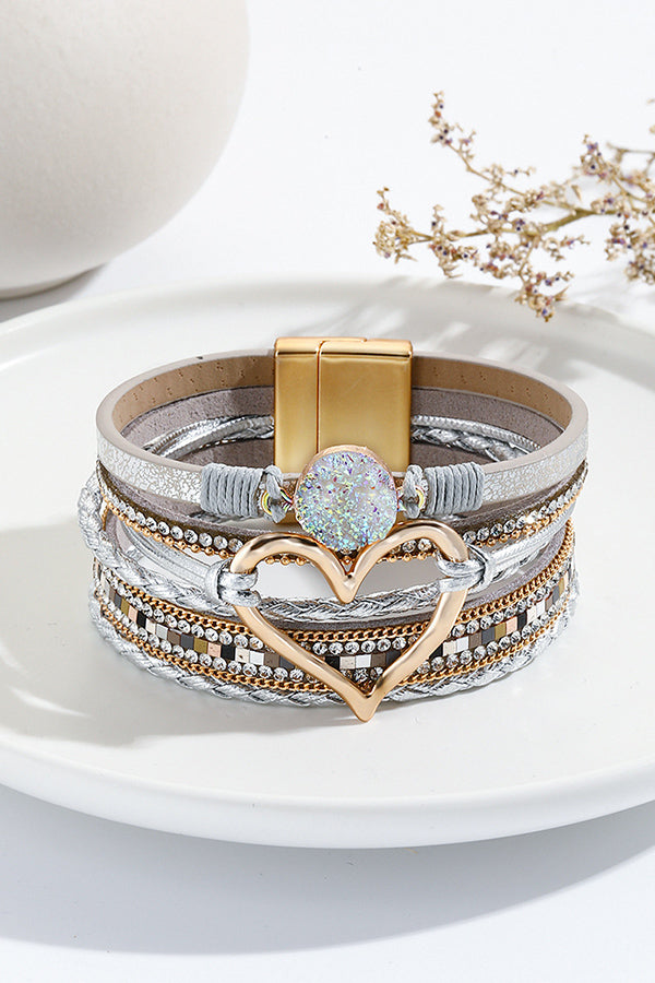 Pulsera Bohemia de Cordón de Piel con Piedra Bruta en Forma de Corazón