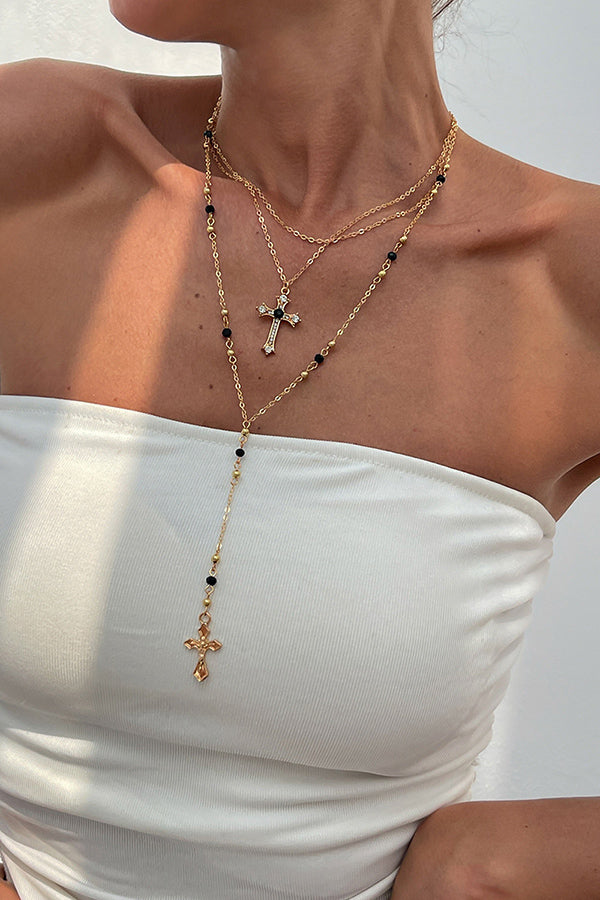 Collar de Varias Capas con Cadena de Cruz y Diamantes