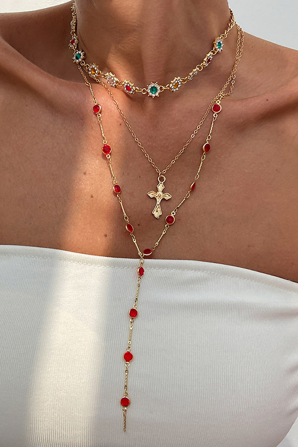 Collar de Varias Capas con Cadena de Cruz y Diamantes