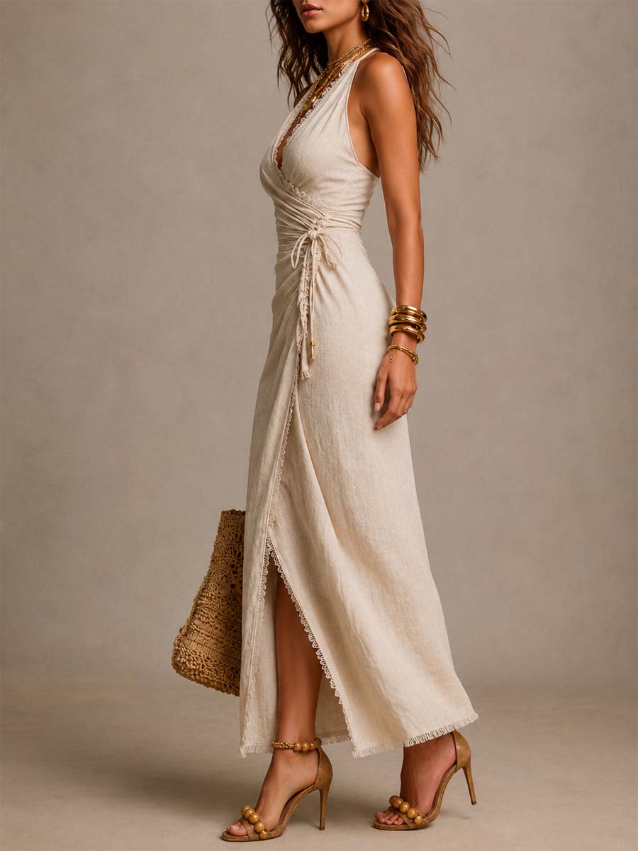 BLANCO | Vestido midi de lino natural con escote cruzado - OSMARA Fashion - vista 3