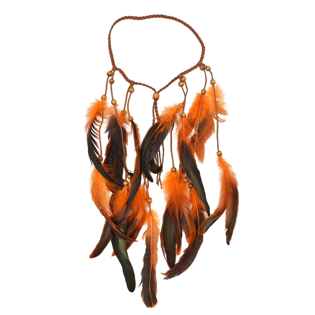 Diadema Bohemia de Cuerda Tejida a Mano con Cuentas de Madera y Plumas
