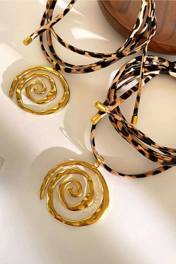 Collar en Espiral de Acero Inoxidable con Cordón Estampado de Leopardo