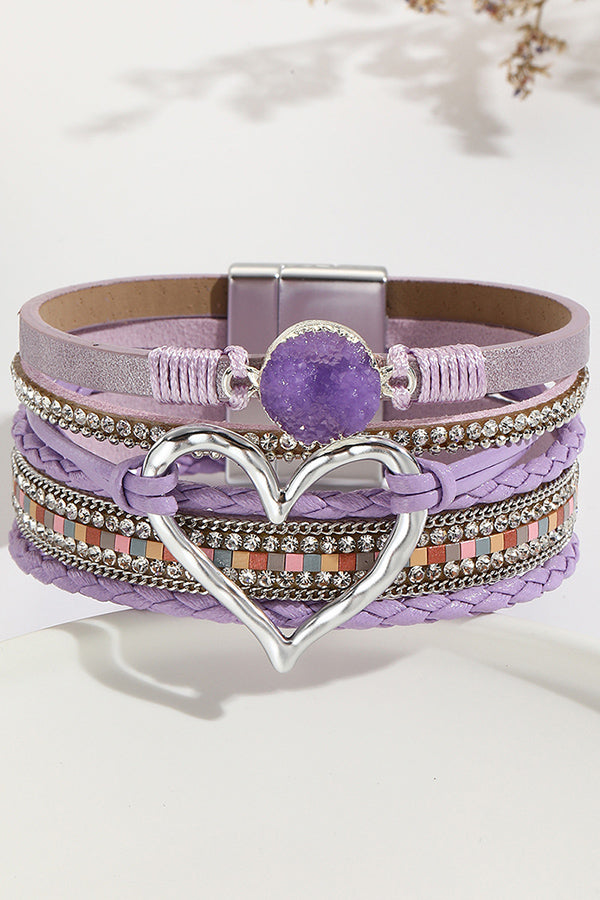 Pulsera Bohemia de Cordón de Piel con Piedra Bruta en Forma de Corazón