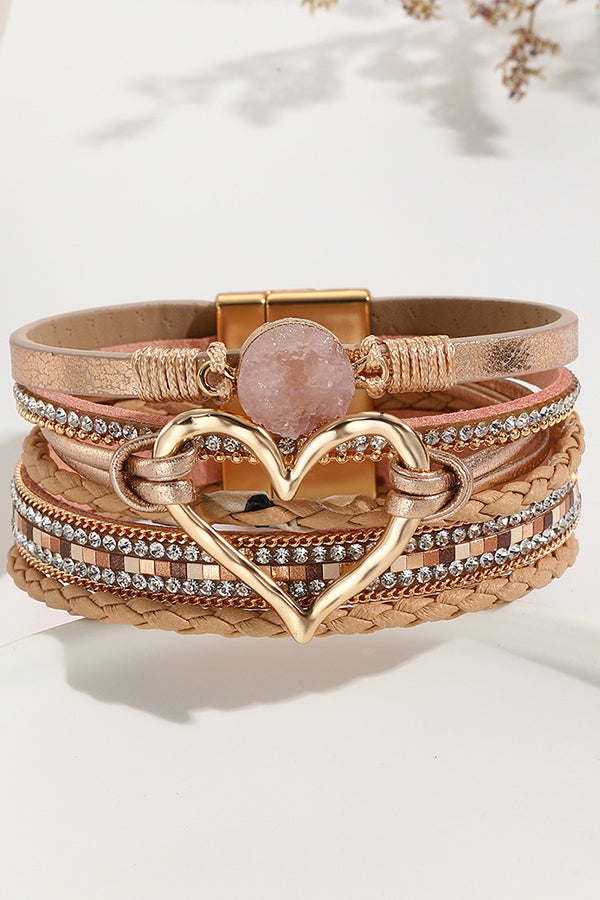 Pulsera Bohemia de Cordón de Piel con Piedra Bruta en Forma de Corazón
