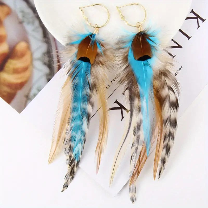 Pendientes Colgantes de Borlas de Plumas de Colores Boho Vintage