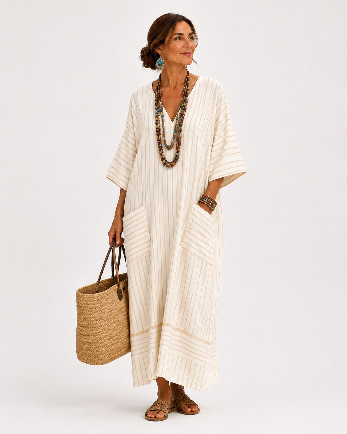 Caftán Farah Beige a Rayas - OSMARA Fashion