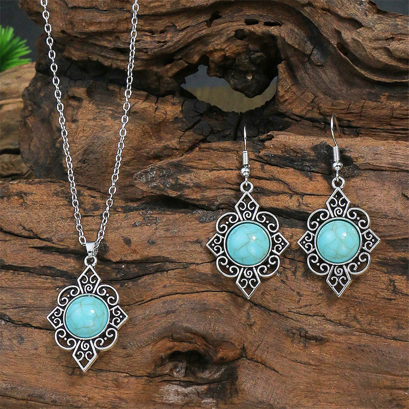 Conjunto de Pendientes y Collar Étnico Vintage con Turquesa y Diamantes