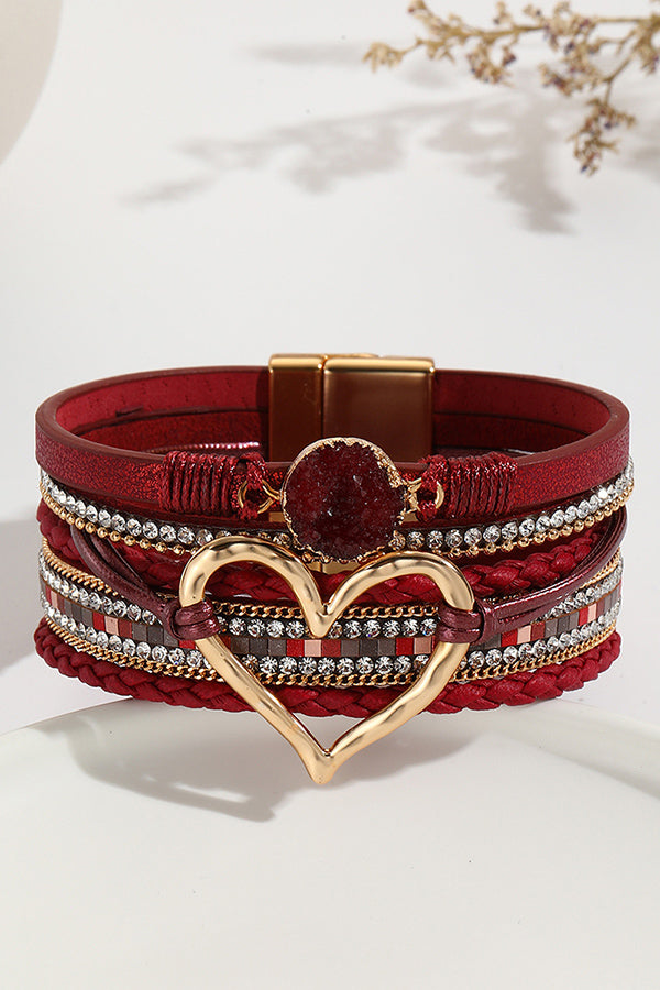 Pulsera Bohemia de Cordón de Piel con Piedra Bruta en Forma de Corazón