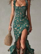 Vestido Largo Boho Retro con Mangas de Volantes y Abertura Alta - OSMARA Fashion - vista 14