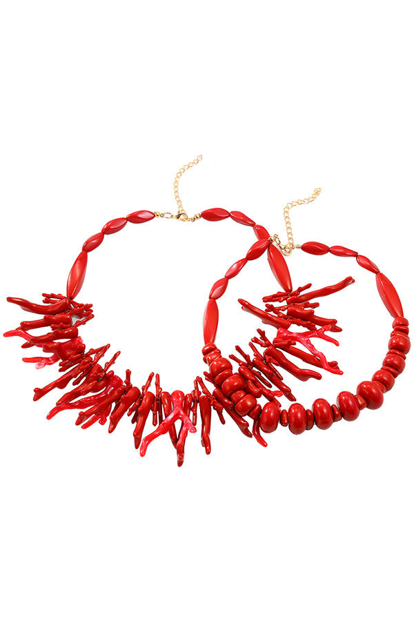 Set de Dos Piezas Collar de Coral Rojo Bohemio