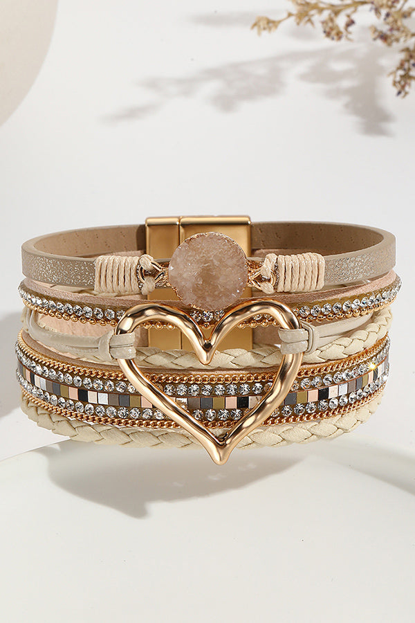Pulsera Bohemia de Cordón de Piel con Piedra Bruta en Forma de Corazón