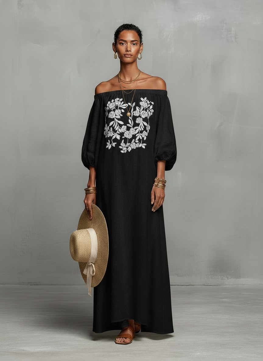Constanza | Robe longue à épaules dénudées et broderies délicates