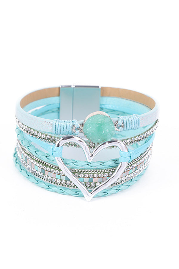 Pulsera Bohemia de Cordón de Piel con Piedra Bruta en Forma de Corazón