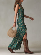 Vestido Largo Boho Retro con Mangas de Volantes y Abertura Alta - OSMARA Fashion - vista 7
