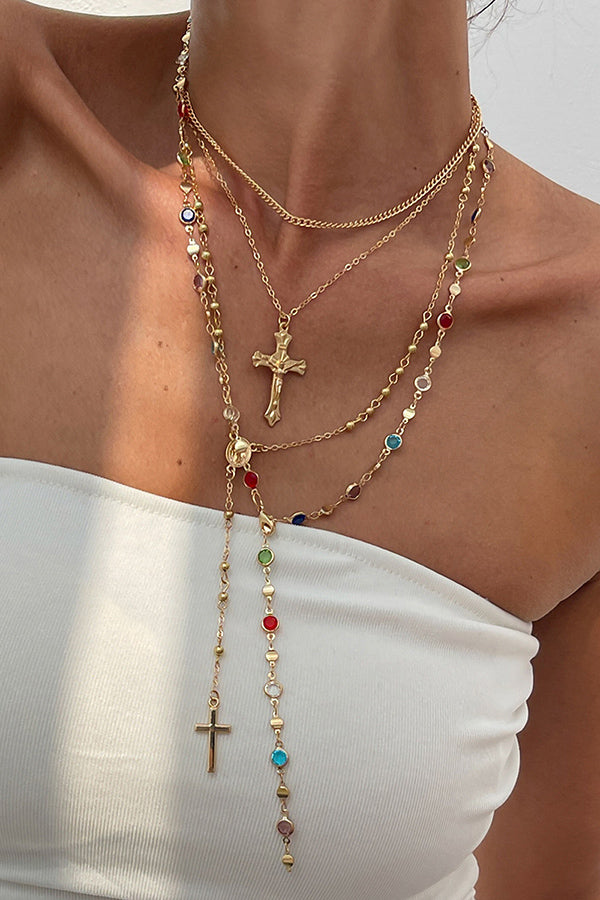 Collar de Varias Capas con Cadena de Cruz y Diamantes