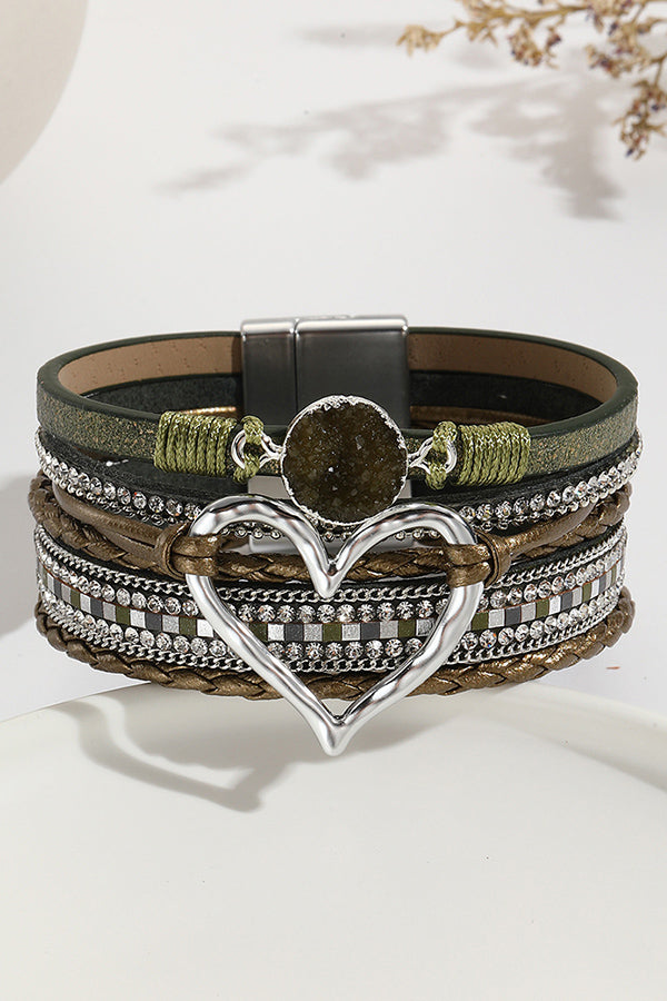 Pulsera Bohemia de Cordón de Piel con Piedra Bruta en Forma de Corazón