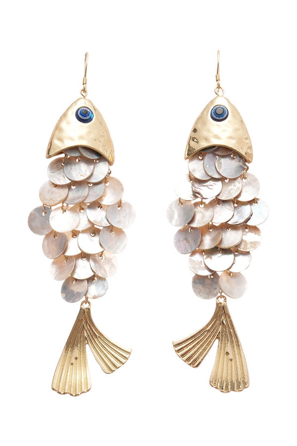Pendientes de Gancho con Concha en Forma de Pez y Borlas
