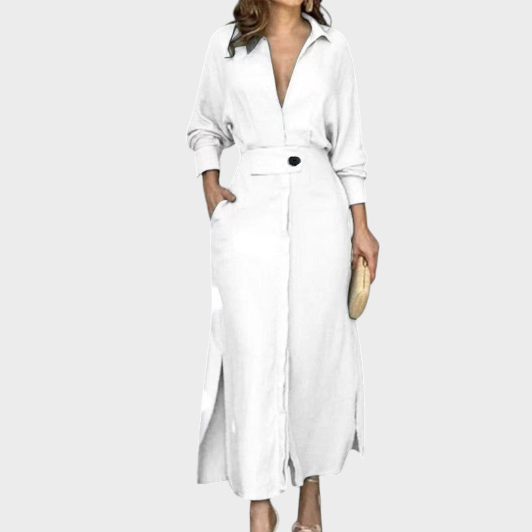 Jeanette | Long Linen Dress With V-Neck