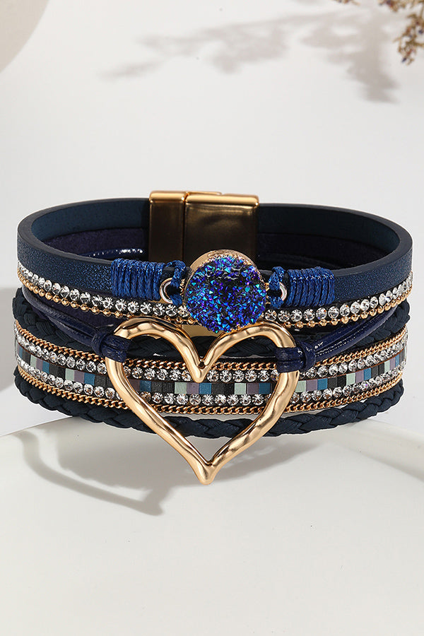 Pulsera Bohemia de Cordón de Piel con Piedra Bruta en Forma de Corazón