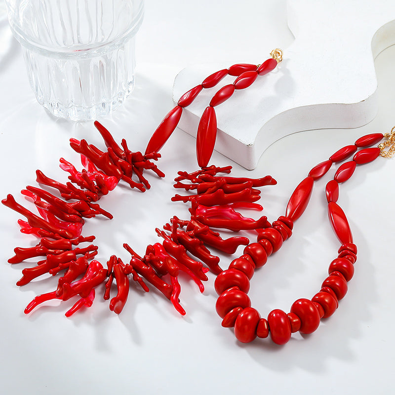 Set de Dos Piezas Collar de Coral Rojo Bohemio