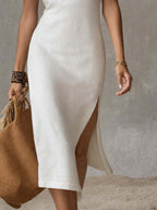 VALERIA - Vestido Midi de Algodón y Lino con Cuello Alto y Abertura Lateral - OSMARA Fashion - vista 5