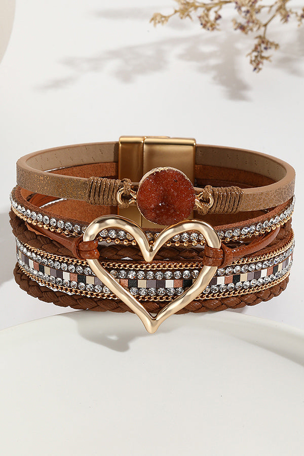 Pulsera Bohemia de Cordón de Piel con Piedra Bruta en Forma de Corazón