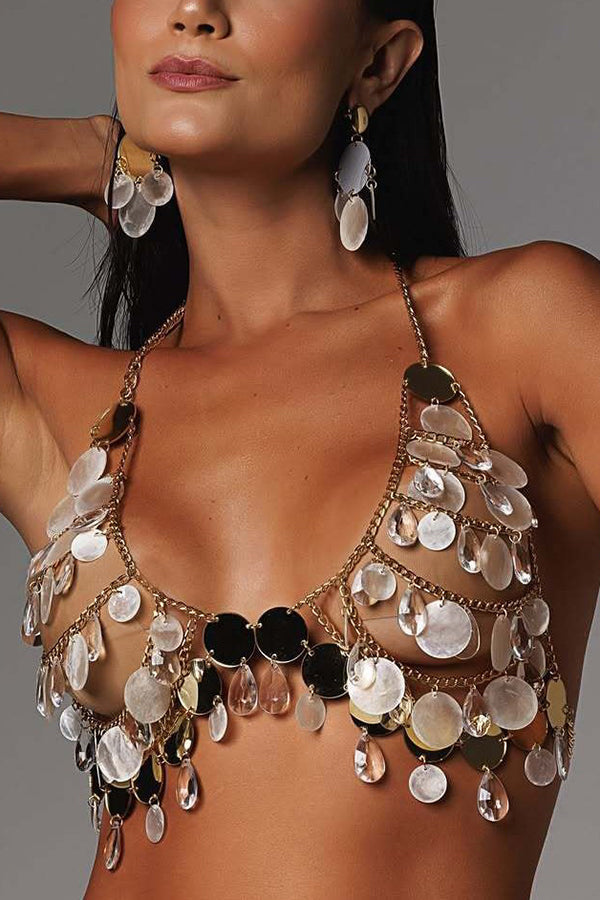 Collar Cadena de Pecho con Lentejuelas Estilo Halter