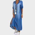 Lea | Vestido Largo Efecto Denim Con Abertura Lateral